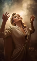 the image shows a woman reaching up into the air