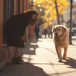 a person standing next to a dog in a street