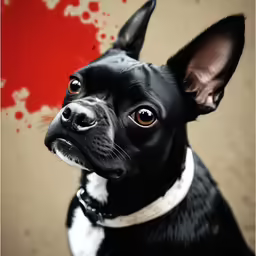 a close up of a dog with a red background