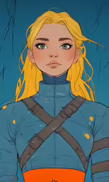 a female in blue and orange outfit with blonde hair
