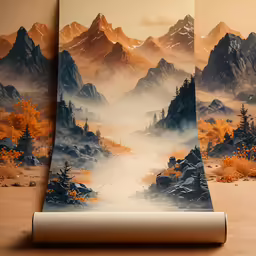 an artistic display of mountain scenery with clouds, trees and mountains