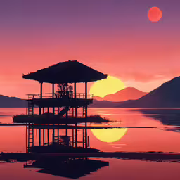 the sun setting over some mountains with a life guard tower in the foreground,a sunset view of a body of water with a lifeguard station in the foreground