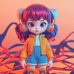 anime girl with headphones and an orange background