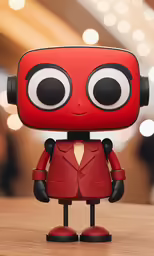 a red robot toy with big eyes standing on a table