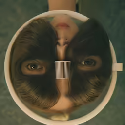 a person with a hair comb reflected in a mirror