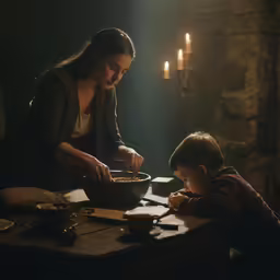 a woman cooking food for her child at a table