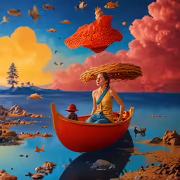 a woman and child in a boat surrounded by seas, birds, flowers and clouds,woman in yellow sitting in a red boat with umbrellas