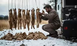 a man crouched down looking at a bunch of dead animals