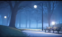 a bench sitting underneath street lamps at night