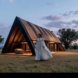 a woman in white dress standing in front of a triangular shaped building