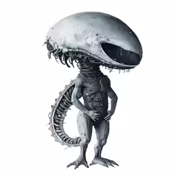 a black and white image of an alien with its head turned to the side