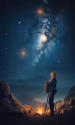 a person standing in the desert next to a bonfire