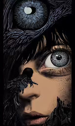 a poster with blue eyes, a bird and a person