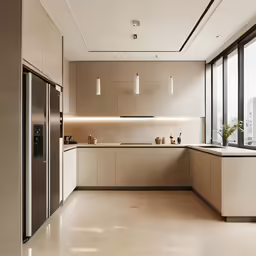 modern kitchen with large windows overlooking the city