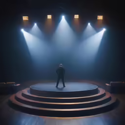 a stage with stage lights and a conductor in front of an onlooker