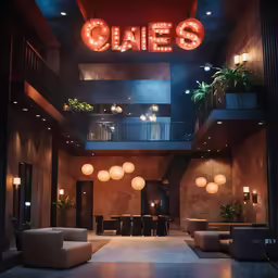 the interior of a modern restaurant with a red sign and lights