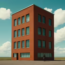 the person is standing outside of a very large brick building