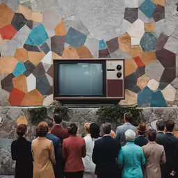 a large group of people stand outside, and watch the television