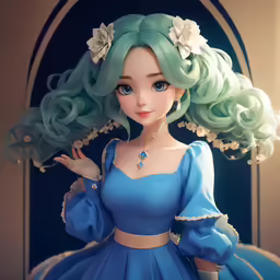 anime girl with green hair wearing a blue dress