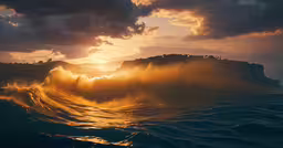 the sun rises over a cliff in the middle of a body of water,a wave breaks while the sun sets over an island