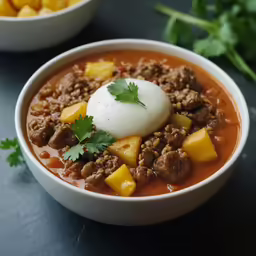 two bowls filled with food and a sour cream on top
