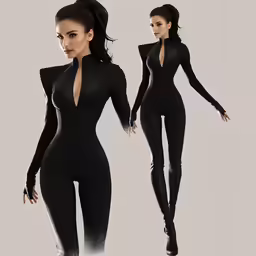 a woman with a body suit and high heels
