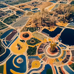 aerial view of large park with several pools and a statue in center