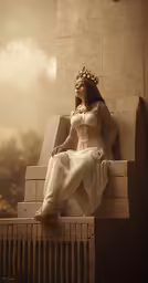 a lady in a white gown sitting on top of a piece of architecture