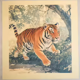 a tiger running in the grass on top of a tree