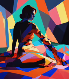 a painting of a woman sitting in a colorful room,an abstract painting of a woman sitting on top of a blanket