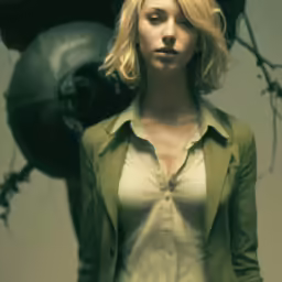 a woman in white shirt and green jacket with black bird on background
