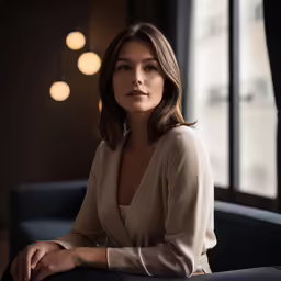 a woman sitting on a chair wearing a tan top