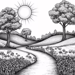 the sun over the trees with a river flowing through