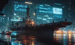 a ship floating on the side of a large river next to tall buildings