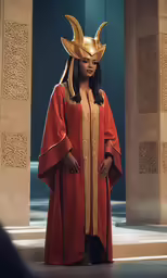 a woman in an elaborate red dress standing near pillars