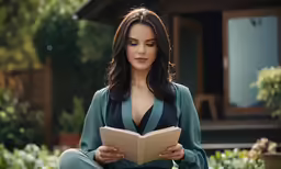 a beautiful woman wearing a black top reading a book
