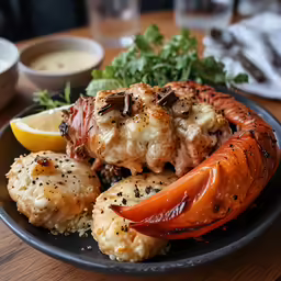 a large lobster and crab with other seafood in the background
