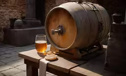 a glass of beer sitting next to a barrel