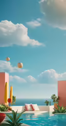 a painting of a pool in the sky with lounge chairs