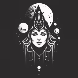 a woman in a black and white drawing with a moon above her head