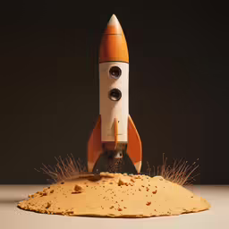 an old model rocket sits atop a dirt mound