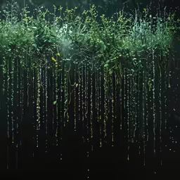painting of rain falling down and over the tops of trees