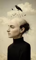 a woman with birds flying from her head and hair in the air