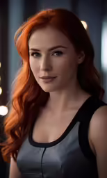 a girl with red hair and wearing a leather dress