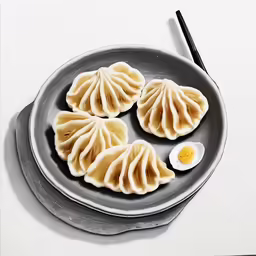 four dumplings with egg on a black plate