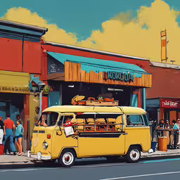 people waiting outside a restaurant to buy lunch,an old yellow van is sitting outside of a store