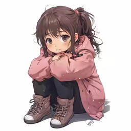 a cartoon girl is sitting on the ground in front of a white wall