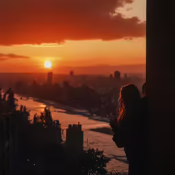 a girl looking at her cell phone as the sun sets
