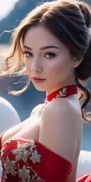 a woman wearing a red dress and gold accessories
