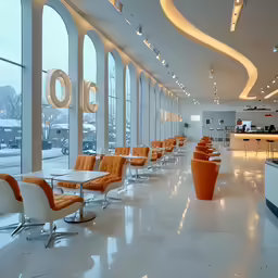 an empty waiting area at an airport that contains orange and white chairs